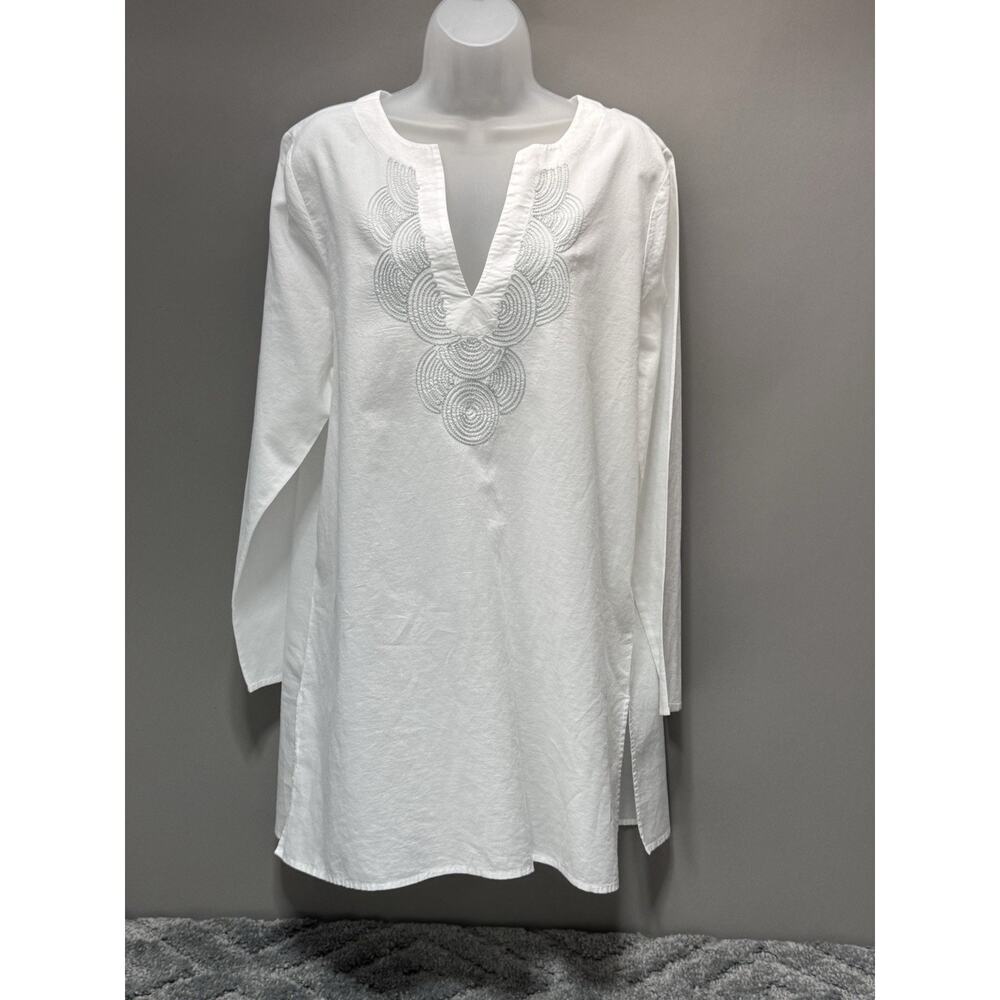Tea White Gray Embroidered Linen Tunic Top Side Slits Women’s Size X-Large Boho